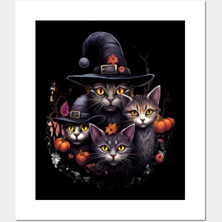 Halloween Cats in Hats with Pumpkins Posters and Art